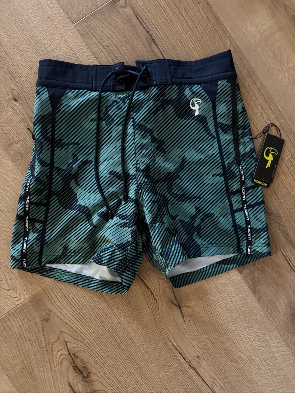 Men's Green Camo Performance Swim Trunks with Drawstring